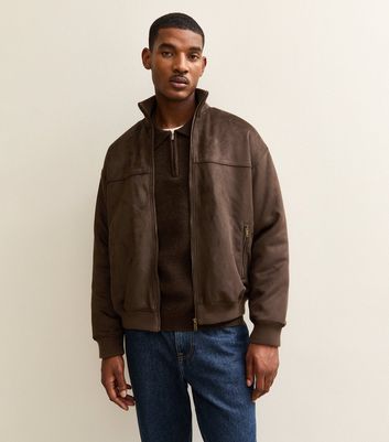 Dark Brown Regular Faux Suede Bomber Jacket