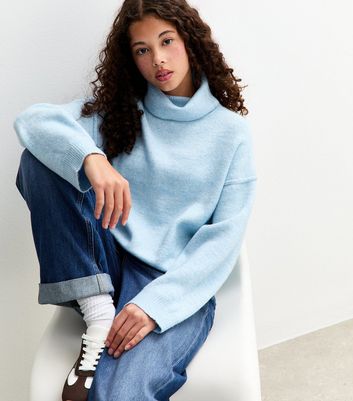 Girls Blue Oversized Roll Neck Jumper