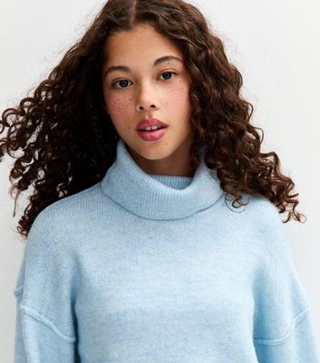 Girls Blue Oversized Roll Neck Jumper