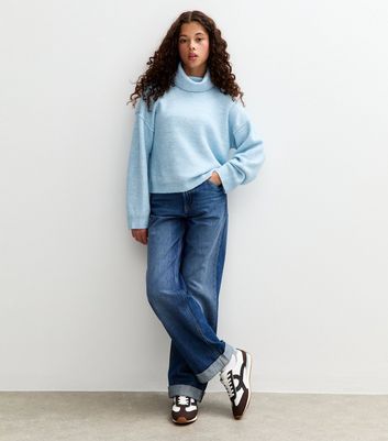 Girls Blue Oversized Roll Neck Jumper 3 Girls Blue Oversized Roll Neck Jumper