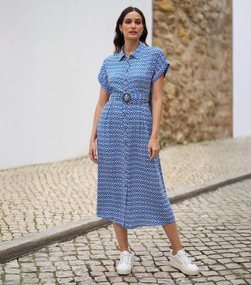 Yumi Blue Geometric Print Shirt Dress