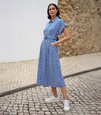 Yumi Blue Geometric Print Shirt Dress