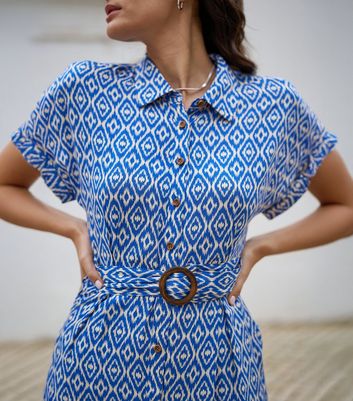 Yumi Blue Geometric Print Shirt Dress