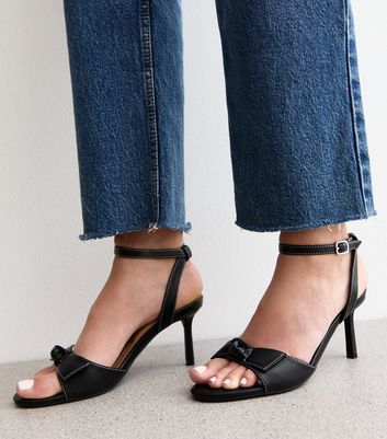 Black Faux Leather Contrast Stitch Bow Strap Sandals
