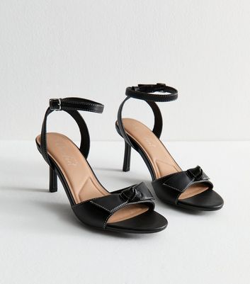 Black Faux Leather Contrast Stitch Bow Strap Sandals