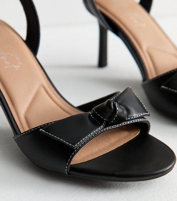 Black Faux Leather Contrast Stitch Bow Strap Sandals