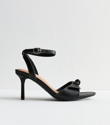 Black Faux Leather Contrast Stitch Bow Strap Sandals