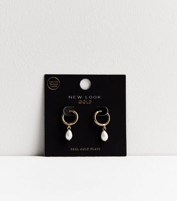18ct Gold Plated Faux Pearl Drop Hoop Earrings 3 18ct Gold Plated Faux Pearl Drop Hoop Earrings
