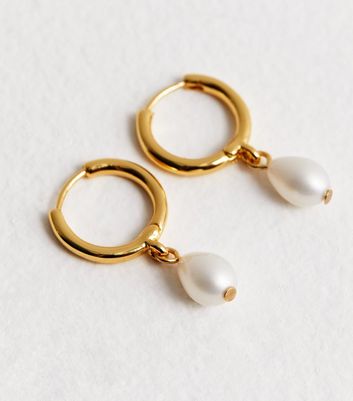 18ct Gold Plated Faux Pearl Drop Hoop Earrings 4 18ct Gold Plated Faux Pearl Drop Hoop Earrings