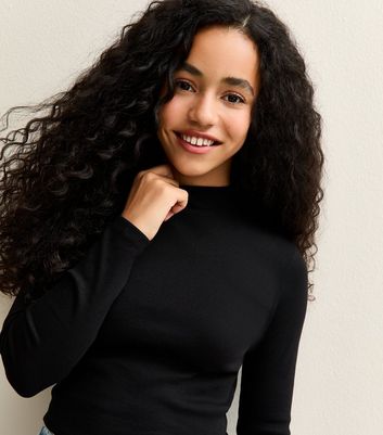 Girls Black Long Sleeve High Neck Top