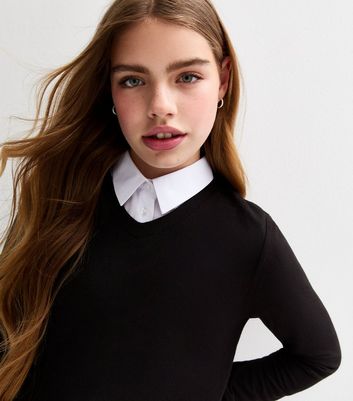 Girls Black V Neck Knitted School Jumper