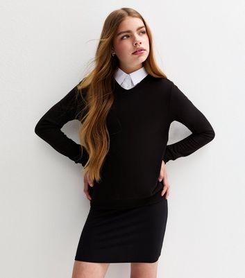 Girls Black V Neck Knitted School Jumper