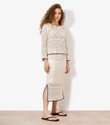 Apricot Cream Crochet Side Split Midi Skirt