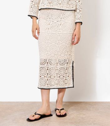 Apricot Cream Crochet Side Split Midi Skirt
