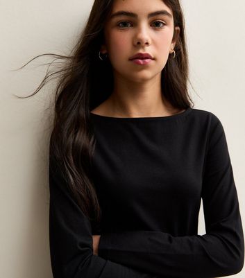 Girls Black Stretch Cotton Slash Neck Long Sleeve Dress 4 Girls Black Stretch Cotton Slash Neck Long Sleeve Dress