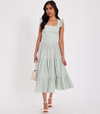 QUIZ Petite Light Green Tiered Frill Trim Midi Dress