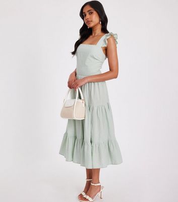 QUIZ Petite Light Green Tiered Frill Trim Midi Dress