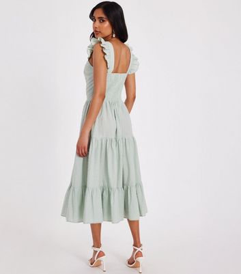 QUIZ Petite Light Green Tiered Frill Trim Midi Dress