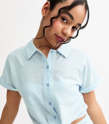 Girls Light Blue Tie Front Gauze Shirt