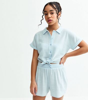 Girls Light Blue Tie Front Gauze Shirt