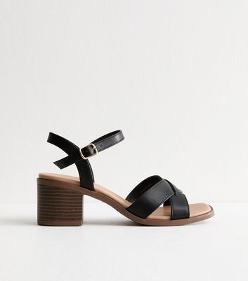 Black Faux Leather Block Heel Sandals