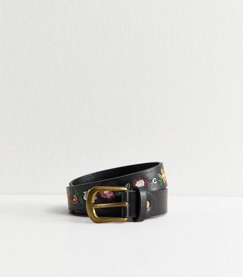 Black Faux Leather Embroidered Flower Belt