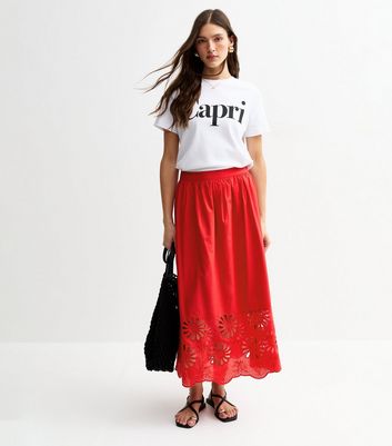 Red Embroidered Cutout Hem Midi Skirt