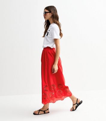 Red Embroidered Cutout Hem Midi Skirt