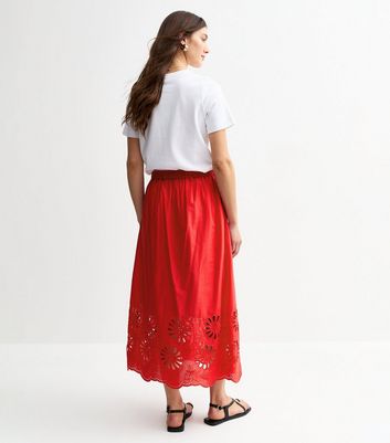 Red Embroidered Cutout Hem Midi Skirt