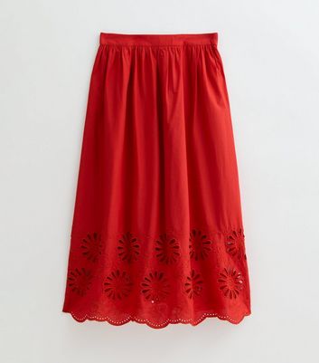 Red Embroidered Cutout Hem Midi Skirt
