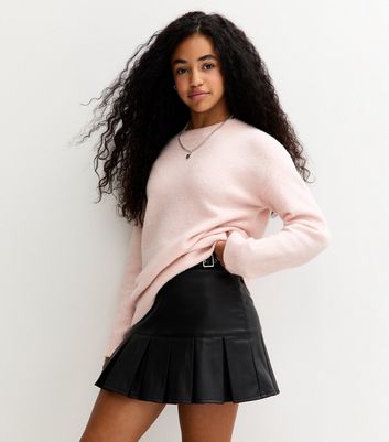 Girls Black Faux Leather Drop Pleat Buckle Skirt