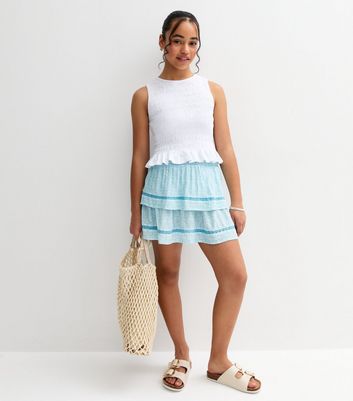 Girls Blue Lace Trim Chevron Print Rara Skirt