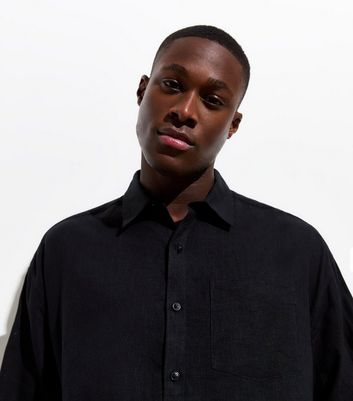 Black Linen Blend Long Sleeve Oversized Shirt