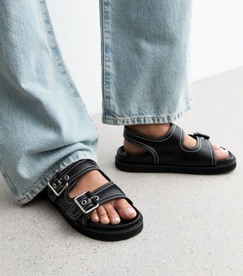 Black Contrast Stitch Faux Leather Sandals