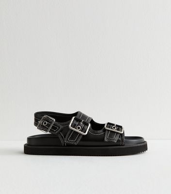 Black Contrast Stitch Faux Leather Sandals 3 Black Contrast Stitch Faux Leather Sandals