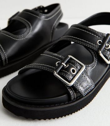Black Contrast Stitch Faux Leather Sandals 5 Black Contrast Stitch Faux Leather Sandals