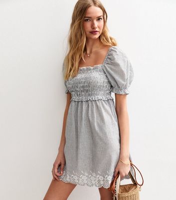 Blue Striped Embroidered Puff Sleeve Mini Dress