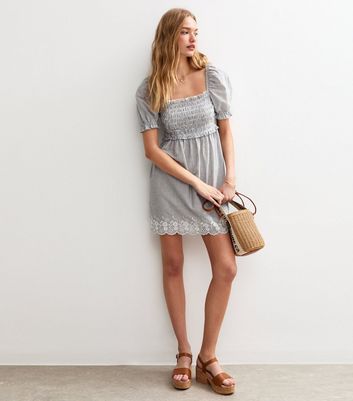 Blue Striped Embroidered Puff Sleeve Mini Dress