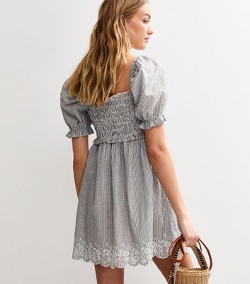 Blue Striped Embroidered Puff Sleeve Mini Dress