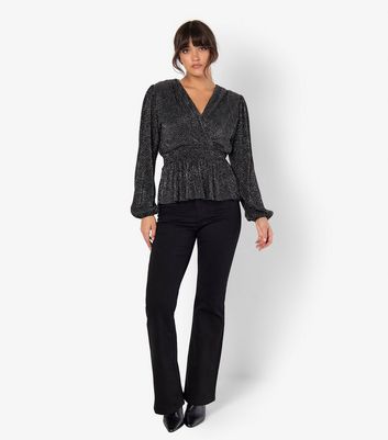 Apricot Black Polka Dot Plisse Pleat Peplum Wrap Top