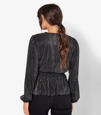 Apricot Black Polka Dot Plisse Pleat Peplum Wrap Top 3 Apricot Black Polka Dot Plisse Pleat Peplum Wrap Top