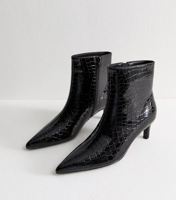 Black Crocodile Effect Faux Patent Leather Point Toe Ankle Boots