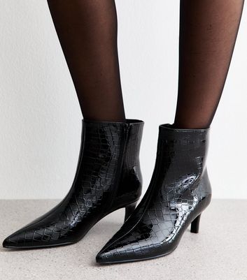 Black Crocodile Effect Faux Patent Leather Point Toe Ankle Boots