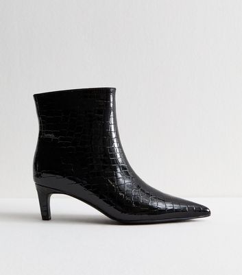 Black Crocodile Effect Faux Patent Leather Point Toe Ankle Boots