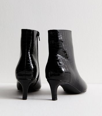 Black Crocodile Effect Faux Patent Leather Point Toe Ankle Boots