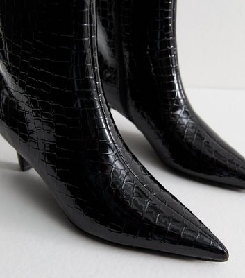 Black Crocodile Effect Faux Patent Leather Point Toe Ankle Boots