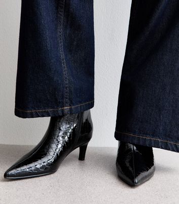 Black Crocodile Effect Faux Patent Leather Point Toe Ankle Boots