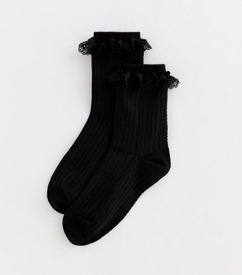 Black Cable Knit Frilly Trim Socks