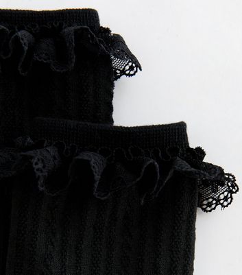 Black Cable Knit Frilly Trim Socks