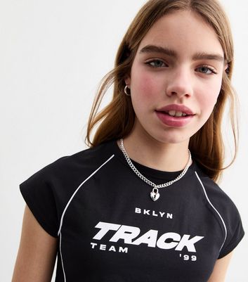 Girls Black Piped Trim Cap Sleeve T-Shirt